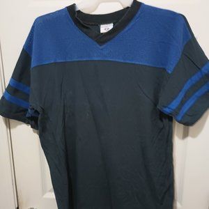 Men's Large Black and Blue V-Neck Shirt with Blue Striped Short Sleeves Man's